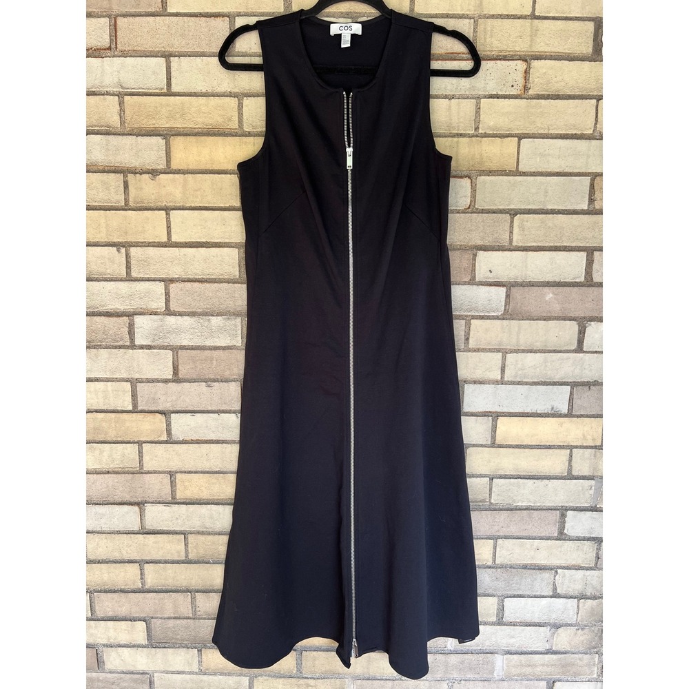 COS Black Sleeveless Full Zip Front Midi Dress Stretch Knit Medium Altered Small